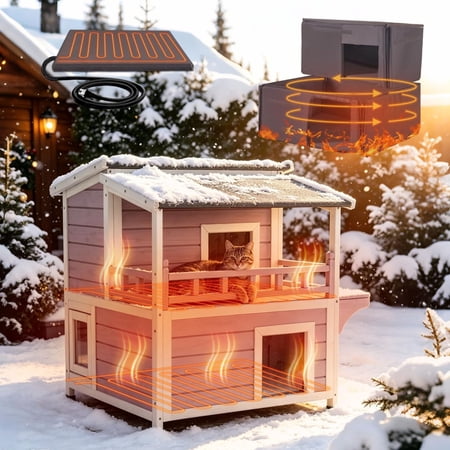 Aivituvin Heated Outdoor Cat House, Insulated Feral Cat Shelter with Heating Pad, Weatherproof Design & Chew-Resistant Cord