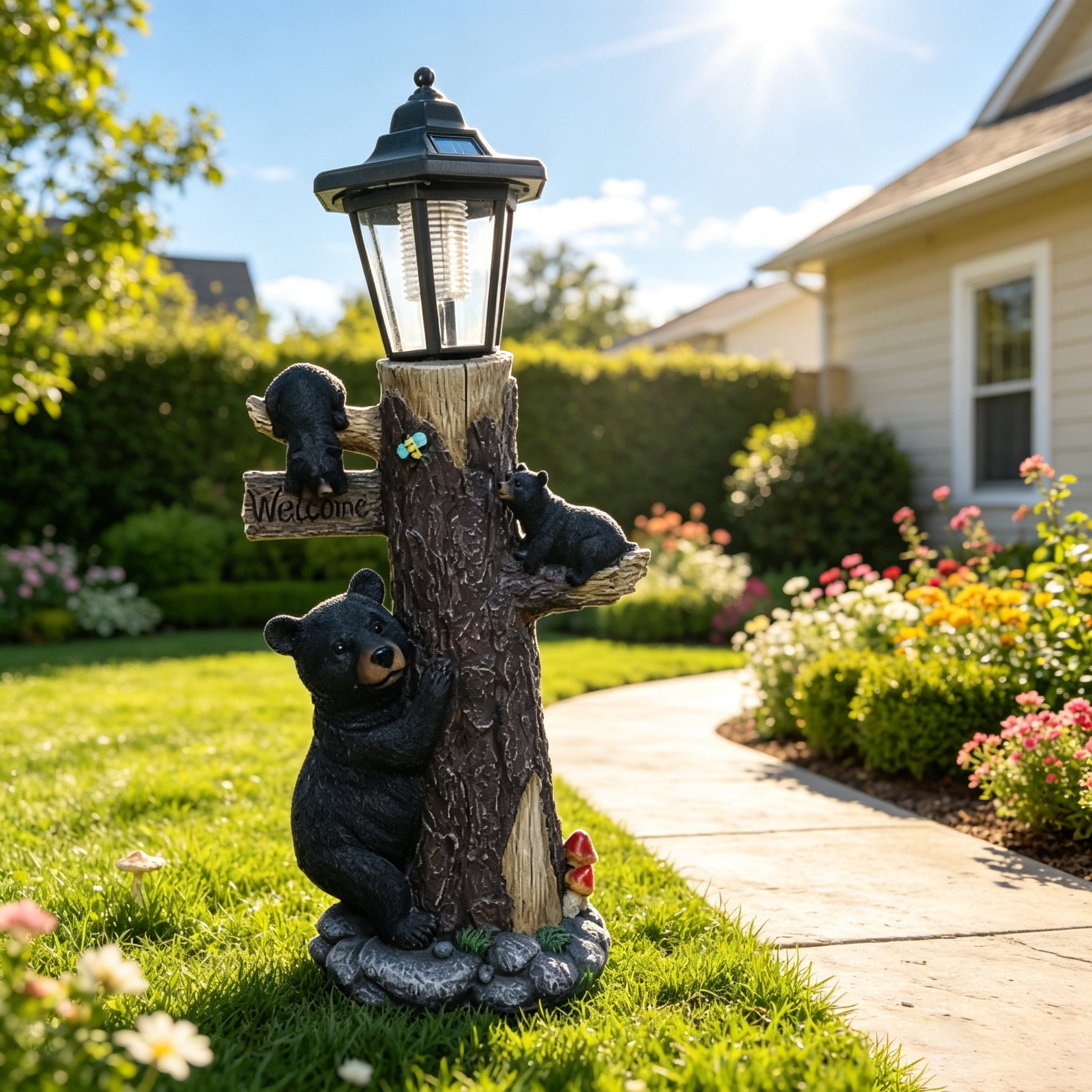 GDF Studio 18" Bear Family Tree Statue with Solar-Powered Light and Welcome Sign for Courtyard, Garden and Patio, Black
