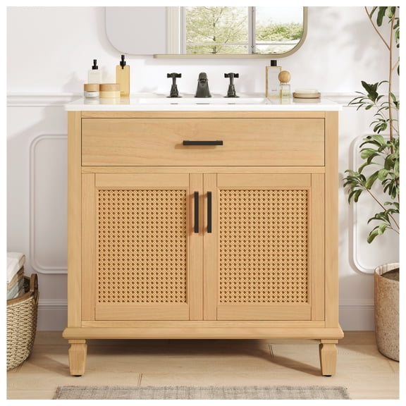 36" Rattan Bathroom Vanity with Sink, Natural Cabinet with Solid Wood Legs, Soft-Close Doors & Drawers, Freestanding Modern Bathroom Vanity