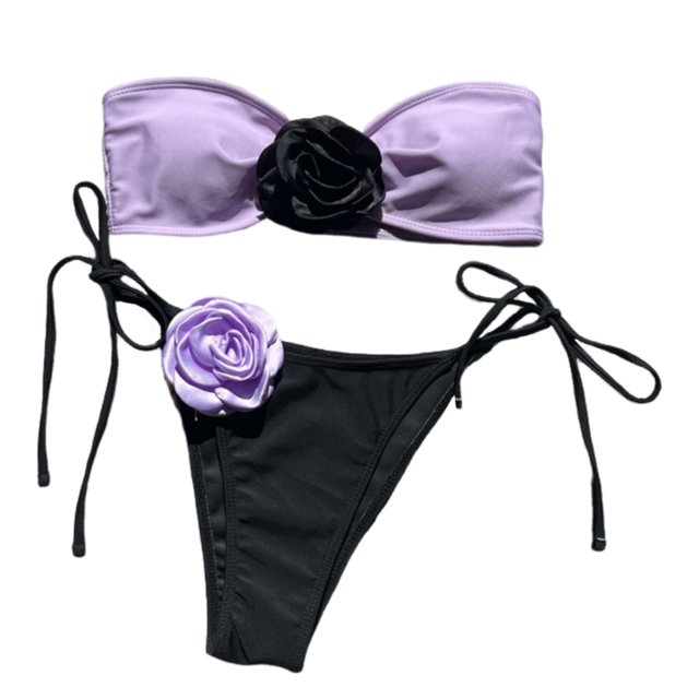 Trajes baño Bandeau con flores en 3D para mujer, conjunto Bikinis sexys sin tirantes, traje baño dividido 2 piezas,