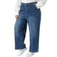 thumbnail image 4 of Women's Plus Size Denim Wide Leg Baggy Washed Stretch Jean with Pockets 1X Dark Blue, 4 of 5