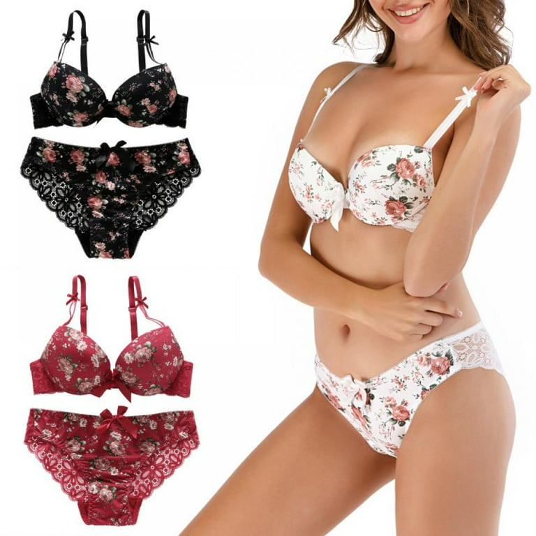 Women's Push Up Embroidery Sexy Lace Floral Bra Sets Panties