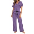 thumbnail image 2 of Mifsaly Cotton Pajama Sets for Women Button Down Short Sleeve Sleepwear Top and Long Pants Comfortable Soft Pjs Matching Lounge Outfits Purple,XXL, 2 of 5