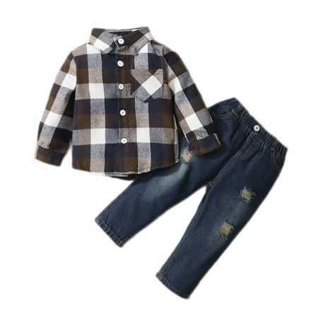 Kucnuzki 18 Months Infant Boy Fall-Winter Outfits Pants Sets 24 Months Long Sleeve Checke Pattern Prints Lapel Button Shirt Tops Elastic Denim Pants 2PCS Set Black