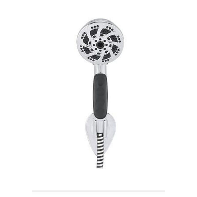 Oxygenics ETL Shower Head 92189 Fury, hand-held with 72-inch hose, chrome-plated finish, and five spray settings for versatile use. Features a 3-3/4 inch diameter head, flow control lever, and rubber finger grips for secure handling. Designed for 1.8 gallons per minute flow rate, ideal for bathroom renovation projects. Includes wall mount and plumber’s tape for seamless installation.