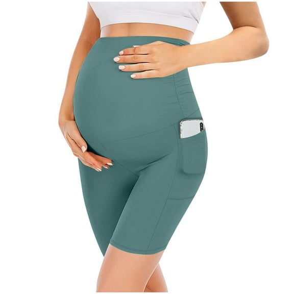 Pitauce Womens Maternity Over Belly Seamless Yoga Shorts Pregancy Biker Shorts Workout Active Running Short Pants with Pockets