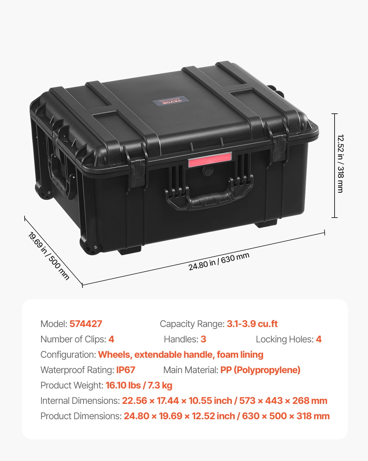 VEVOR Weatherproof Hard Case, Heavy Duty Protective Dry Box Case with Pre-Cut Foam, Wheels & Retractable Pull Handles for Travel, Hunt, Military, Tactical, IP67 Waterproof Case for Cameras(63x50x32)