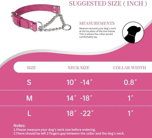 Martingale Collar for Dogs No-Pull Adjustable Training Collar with Stainless Steel Chain - Genuine Leather Anti-Slip Design for Small,Medium,Large Breed Dogs - Pink (S)