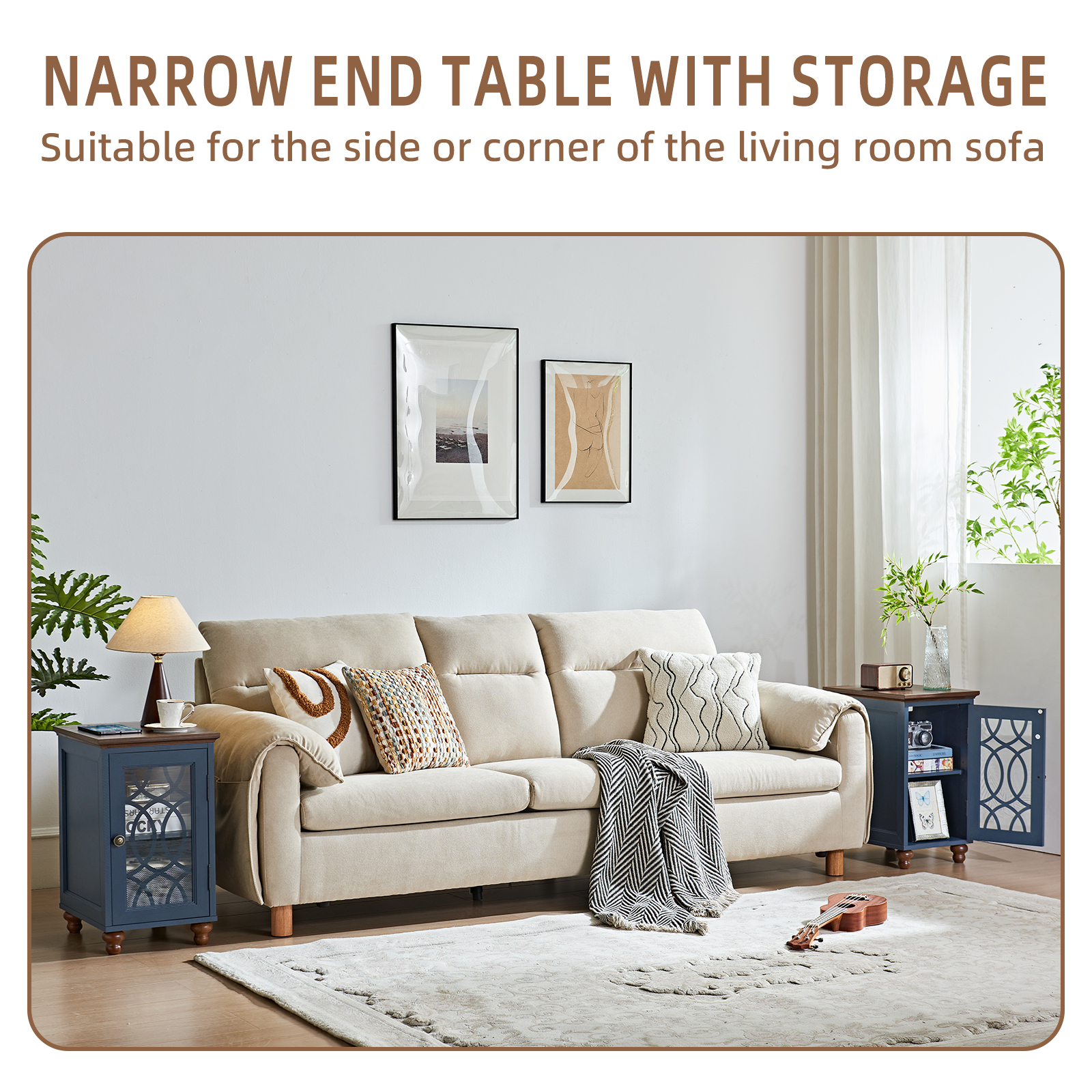 2 Pack Farmhouse End Table, Sofa Side Table with Storage Shelf and Door, Small Nightstand for for Living Room, Bedroom - Blue