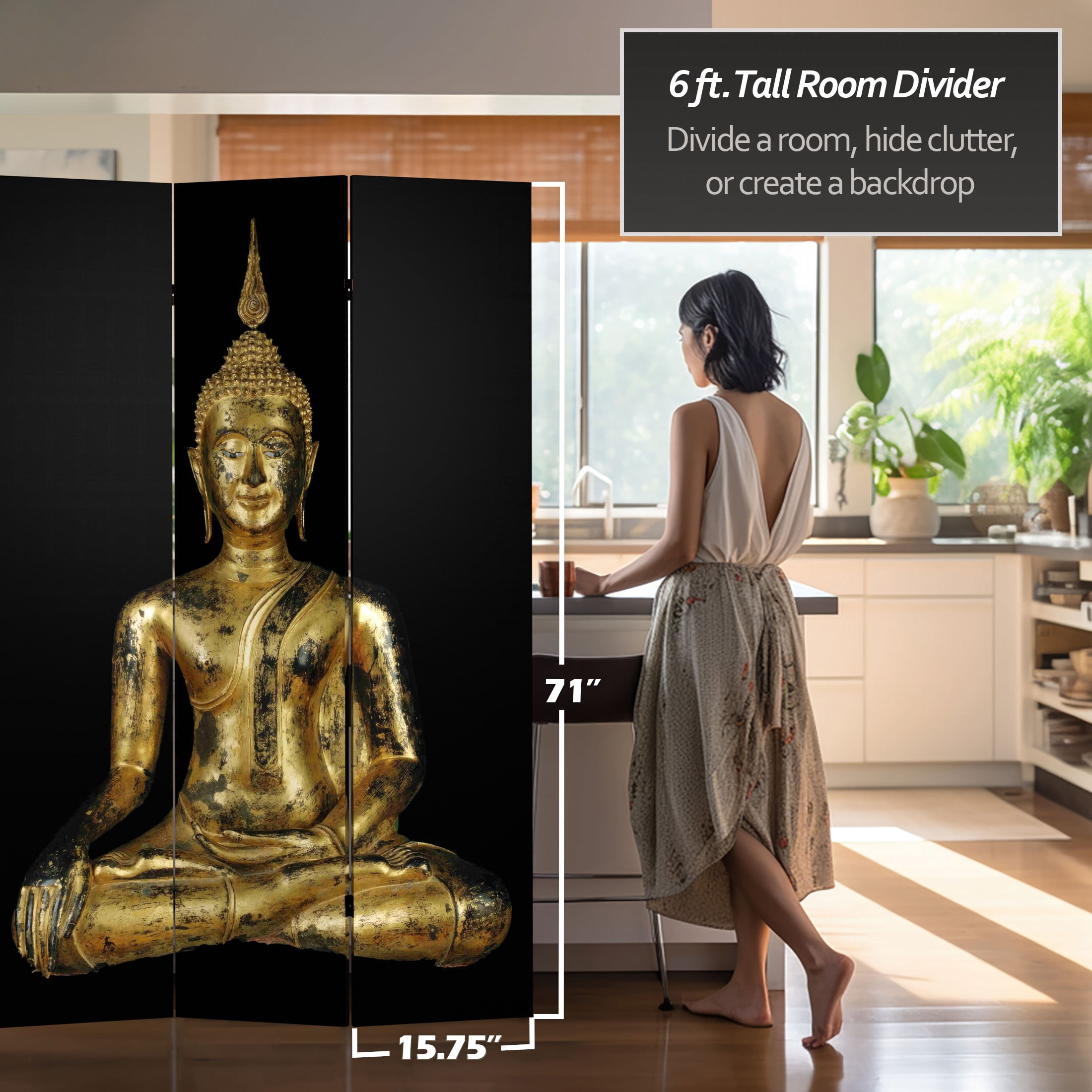 Oriental Furniture 6 ft. Tall Double Sided Thai Buddha Room Divider - 3 Panel