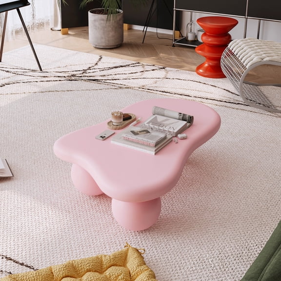 40 Inch Cloud Shaped Coffee Table, Low Coffee Table with 3 Ball Legs for Living Room, Pink