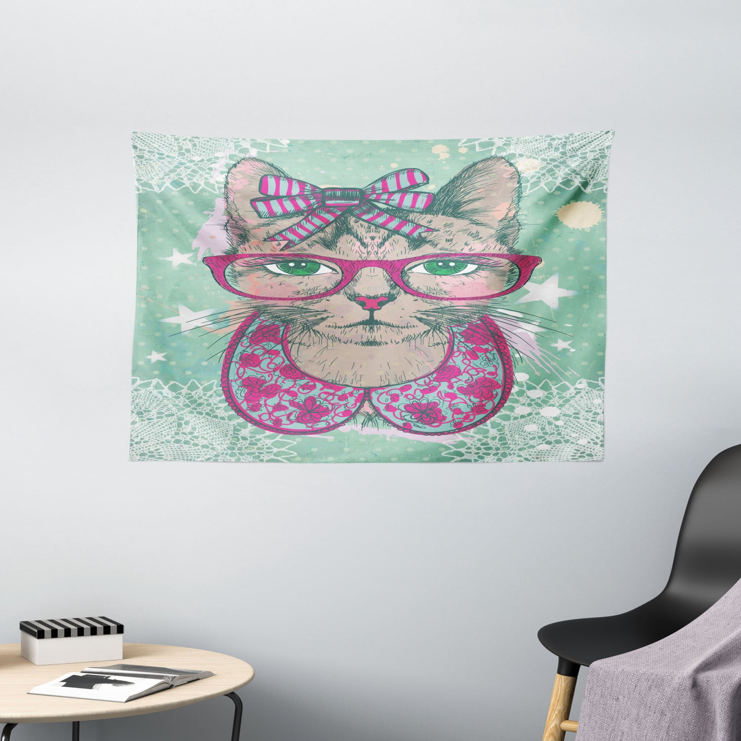Cat Decor Tapestry, Fashion Cat in Hipster Glasses and Lace Collarette ...