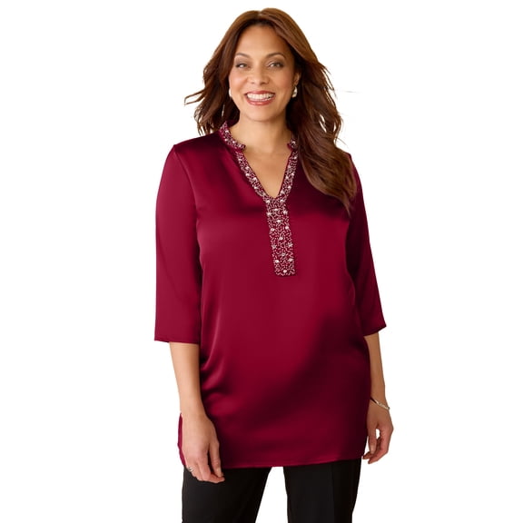 Catherines Women's Plus Size Embellished-Neck Satin Tunic