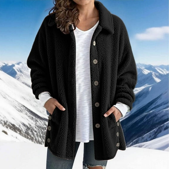 CUZIBR Women Soft Jacket Cozy Long Sleeve Button Down Solid Color Open Front Cardigan Notched Lapel Casual Loose Fit Thick Warm Blouse Outwear,Black,L