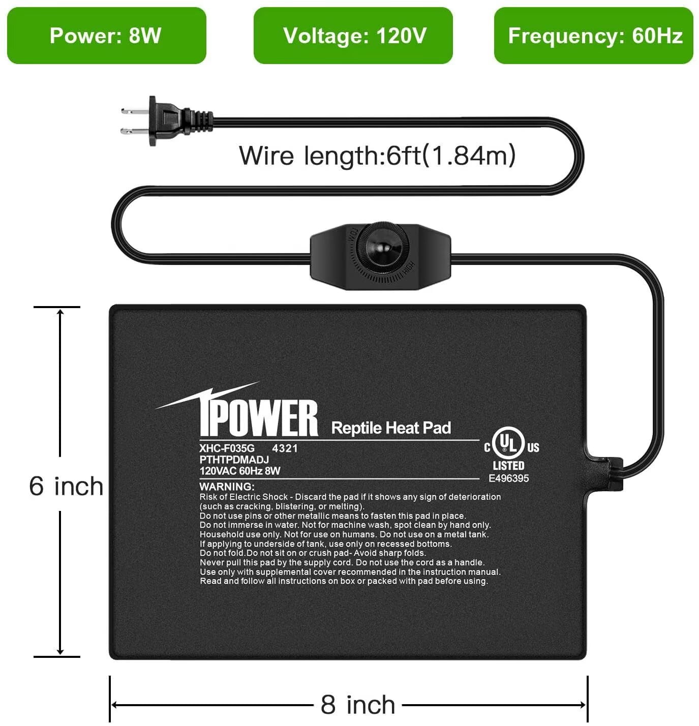 iPower 6" x 8" Reptile Heat Mat - 8W Under Tank Heater with Adjustable Thermostat for Turtles, Snakes, Lizards & Amphibians, 2 Pack