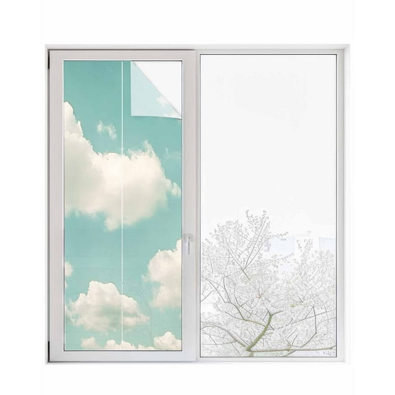 Window Privacy Film Turquoise Cloudy Sky Stained Glass Window Film Decorative Sun Block Window Cover Modern Clouds Nature Scenery Window Clings Static Adhesive Sticker for Bathroom 23.6"x59"