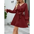 thumbnail image 4 of xiaxaixu Robe de Grossesse Décontractée d'Automne pour Femmes Couleur Unie Manches Longues Col en V Robe Plissée avec Ceinture, 4 of 8