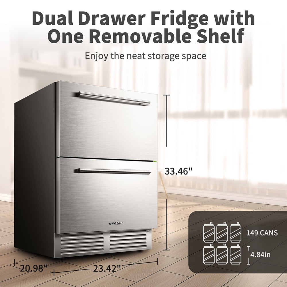 BODEGACOOLER 24in Double Drawer Beverage Refrigerator 149 Cans with Temperature Adjustment for Under Counter Built-in & Freestanding, Weather Proof Dual Zone Wine Cooler Fridge Indoor and Outdoor