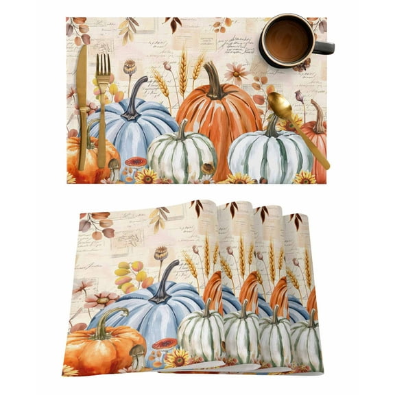 Placemats Set of 6, Fall Pumpkin Orange Blue Autumn Leaves Retro Background Place Mats for Kitchen, Heat Insulation Table Mats Washable Foldable Dining Table Decoration for Home Party 13 x 19 Inch