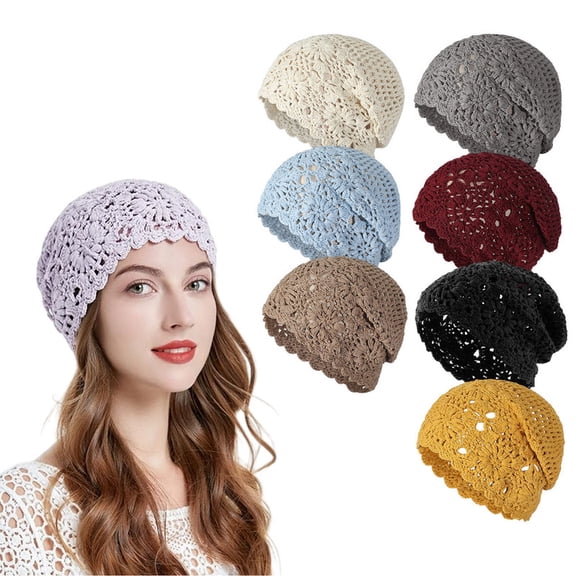 HOMEIORA 1pc Crochet Slouchy Beanie Hat, Handmade Knit Floral Skull Cap, Women Cotton Cutout Hats for Spring Summer and Autumn, Beige