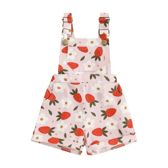 Kids Girls Overalls Strawberry/Flower Print Sleeveless Straps Buttons Shortall Summer Romper Shorts for Toddler Infant