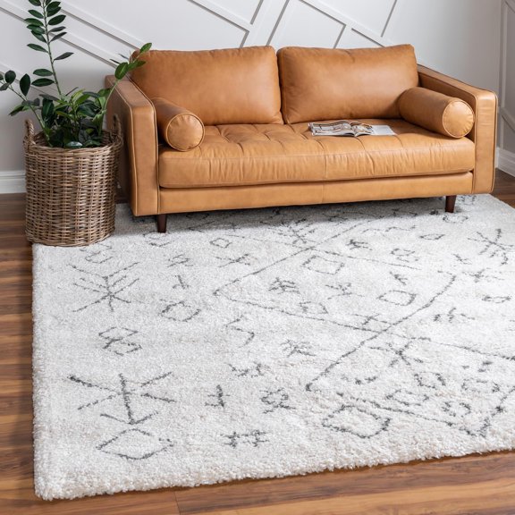 Unique Loom Rabat Shag Collection Area Rug - Tribal (8' Square Pure Ivory/Gray)