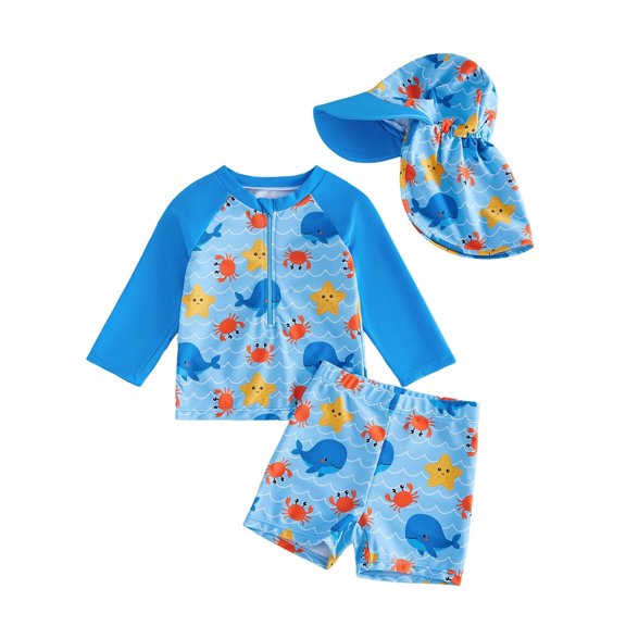 Shadoumai Toddler Baby Boys Cartoon Swimsuit Trunks Long Sleeve Shirt Rash Guard ​ 3Pcs Bathing Swimwear With Hat