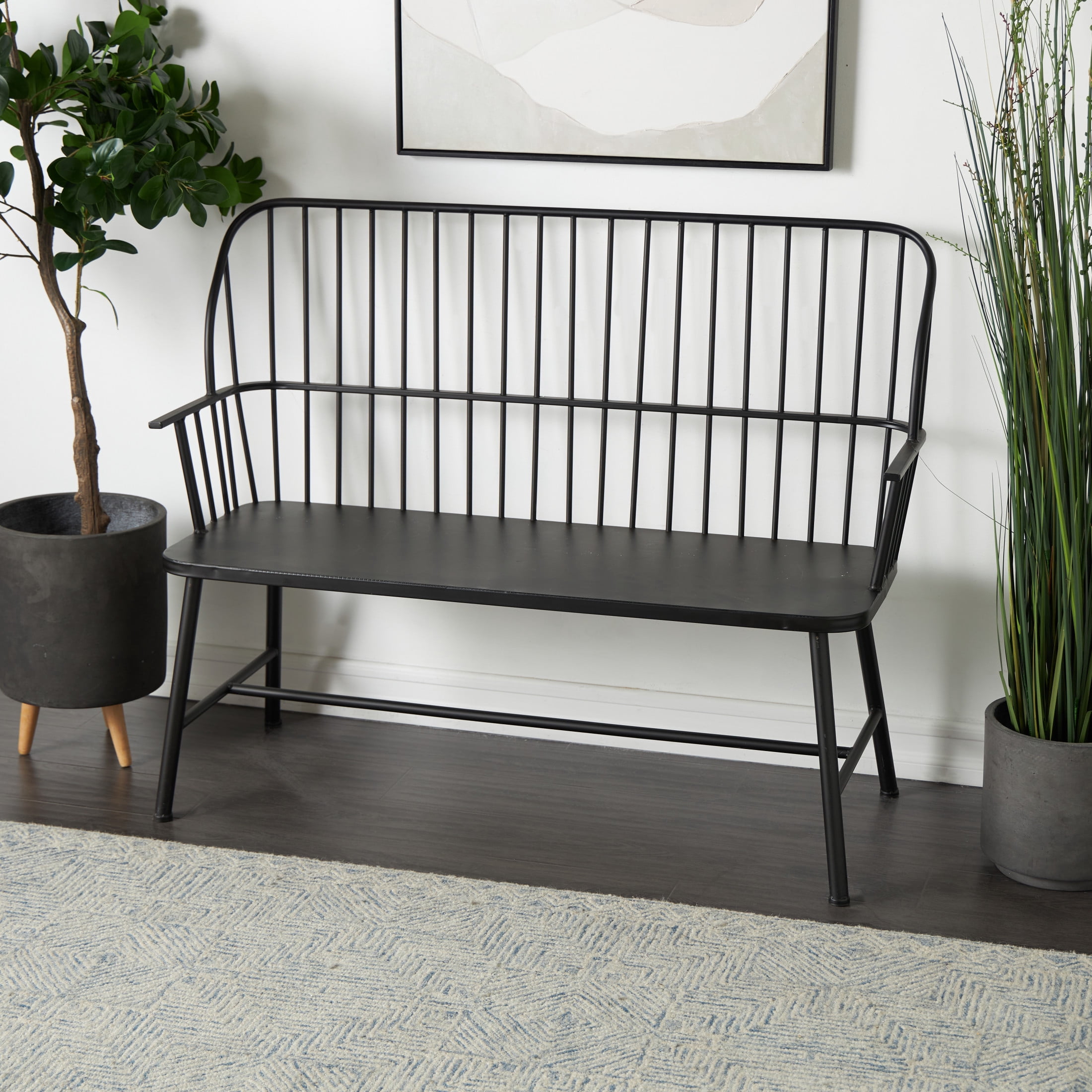 DecMode Black Traditional Outdoor, Entryway, Hallway, Bench with Metal Rod Backing and Armrests. 48"W x 19"L x 38"H