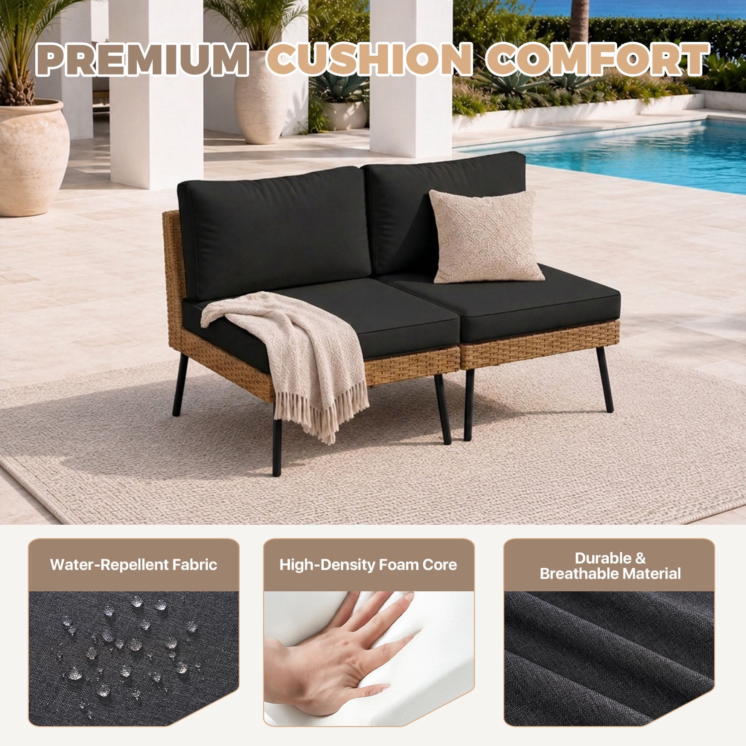 BaPiPro Outdoor PE Rattan 2-Seat Leisure Chair with Removable 4" High Density Cushions, Suitable for Backyard, Garden, Courtyard, Black
