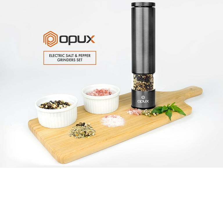 OPUX Battery Operated Salt and Pepper Grinder Set, Electric Pepper Mill, Automatic  Salt Grinder with LED Light, Bottom Cover, Brushed Stainless Steel Shakers,…