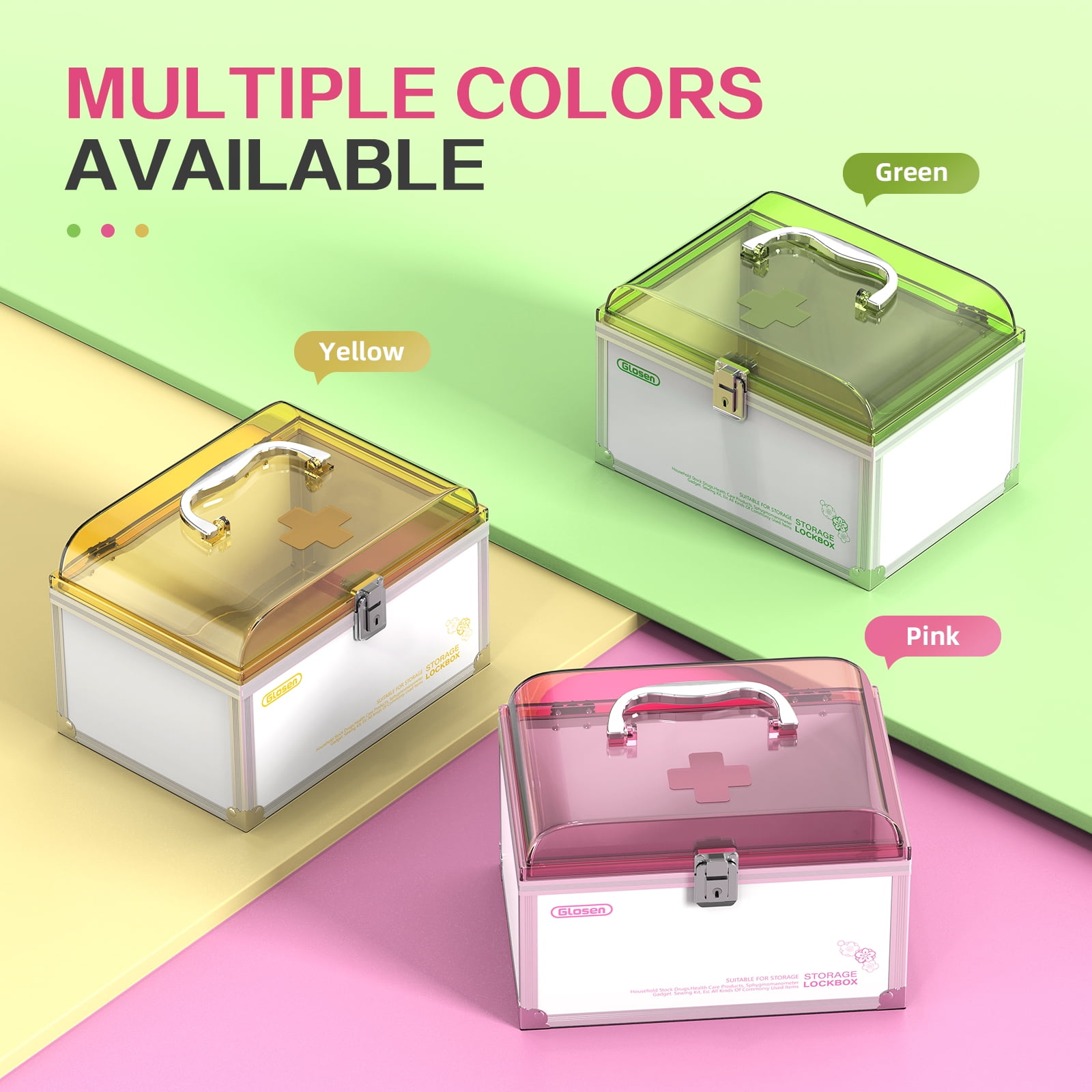 Glosen Medicine Lock Box with Key,Pink,8.46 * 5.87 * 5.51 Inch,Locked Medicine Box with Child Safe Lock