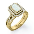 thumbnail image 4 of JeenMata Dual Halo Twisted Pave Set - 2 Carat Emerald Cut Genuine Fiery Opal and Moissanite - Edwardian Wedding Set - 18K Yellow Gold Plating over Silver, 4 of 7