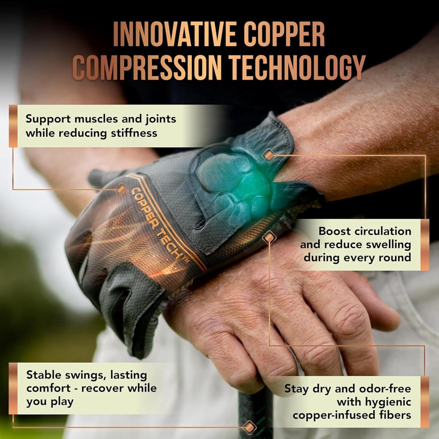 Copper Tech Golf Gloves Men (2 Pack)| Copper Compression Joint Support | Flexible & Comfortable Fit with AAA Leather (Charcoal Gray, Small, Left)