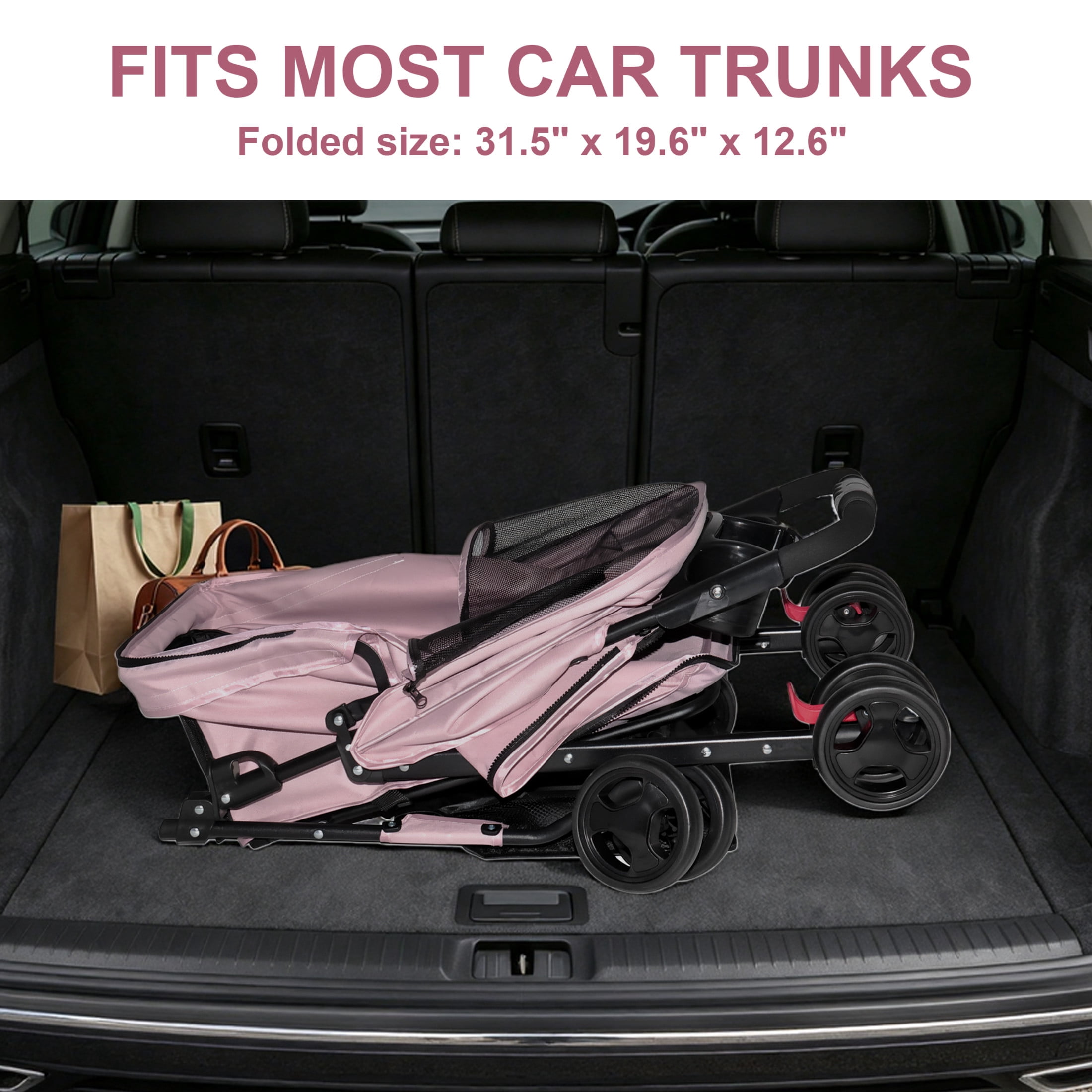 Noble House Foldable Pet Stroller for Small Dogs & Cats up to 28 lbs with Storage Basket, Pink