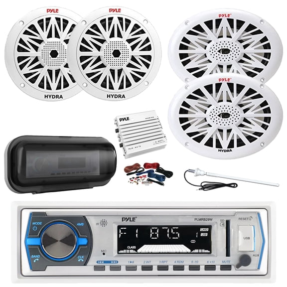 Pyle PLMRB29W Marine Single DIN Bluetooth MP3 Stereo Receiver, Cover, 4-Channel Amplifier w/Kit, 2x 6.5" 200W Full Range 2-Way Waterproof Speakers, 2x 6x9" 260W Outdoor Speakers, Radio Antenna