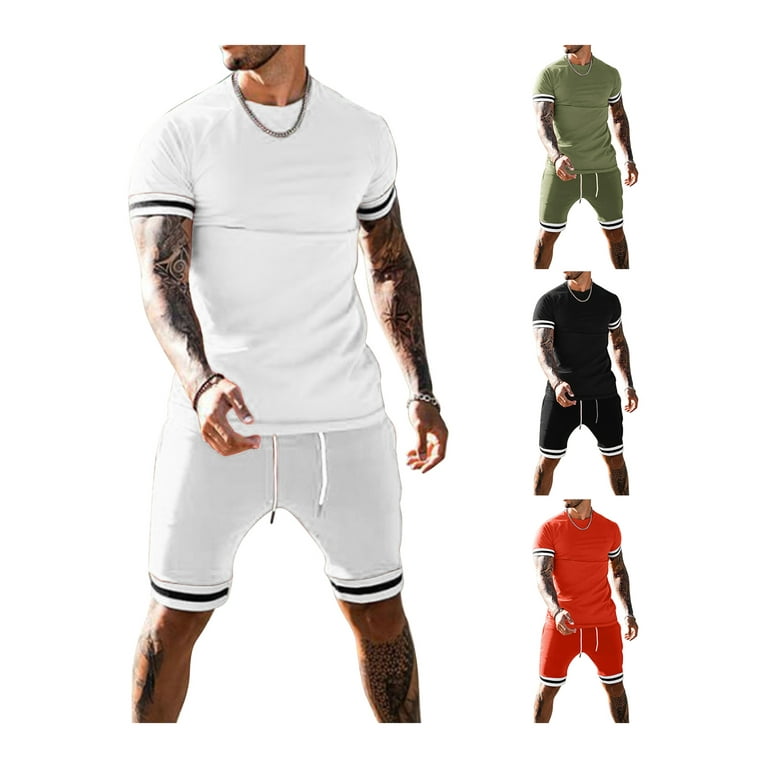 Mens Summer Sports Outfit Short Sleeve T-Shirt Shorts Jogging Sweatsuit  2Pcs Set