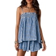 thumbnail image 2 of Cagogo Women's 2 Piece Shorts Set Casual Plaid Boho Summer Outfits Round Neck Sleeveless Tank Top Comfy Lounge Shorts Matching Sets Tracksuits Loungewear Travel Airport Clothes, Navy XL, 2 of 10