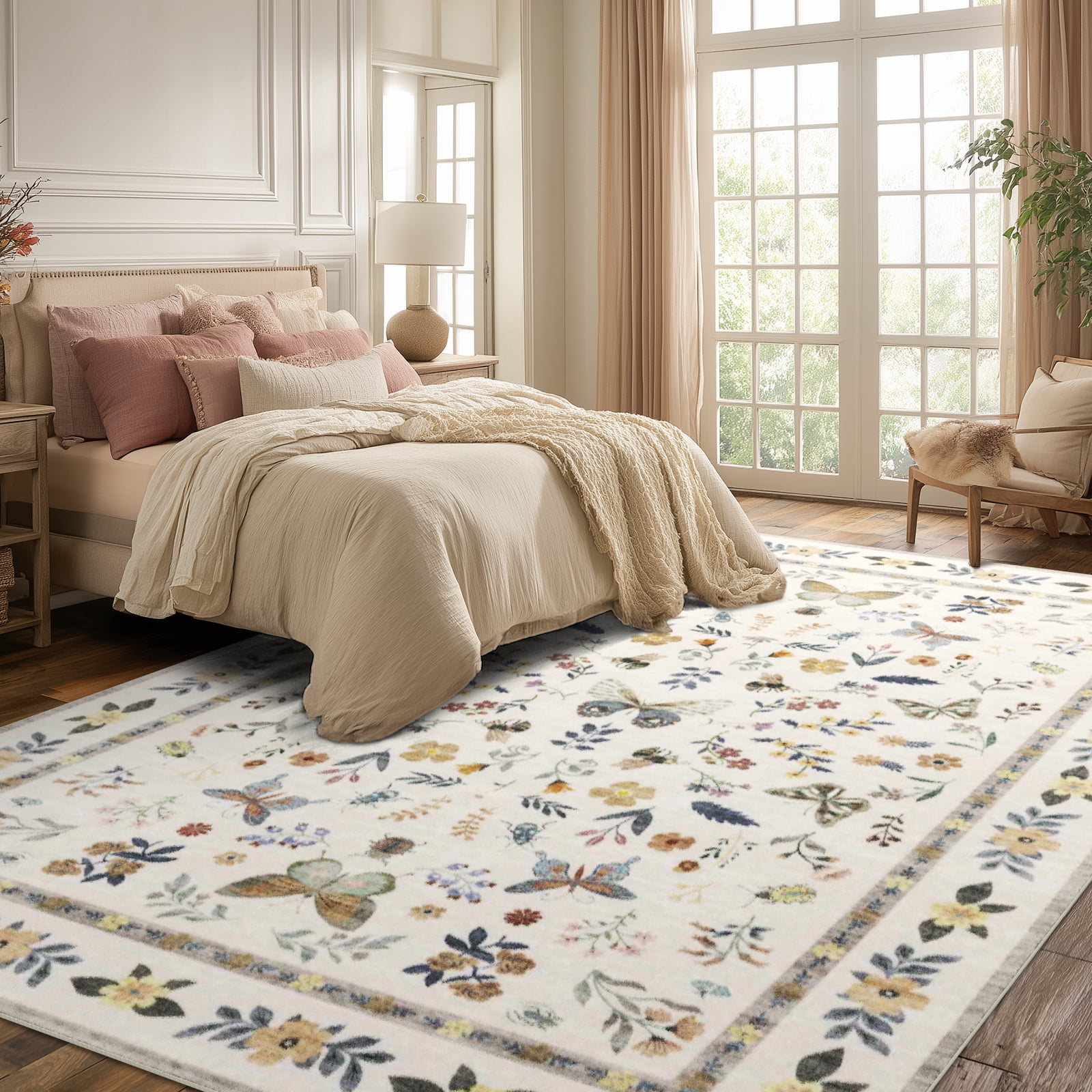 Area Rugs for Living Room, Homasen 8'x10' Washable Indoor Rug Boho Butterfly Beige, Soft Low Pile Stain Resistant Carpet for Bedroom, Dinning Room