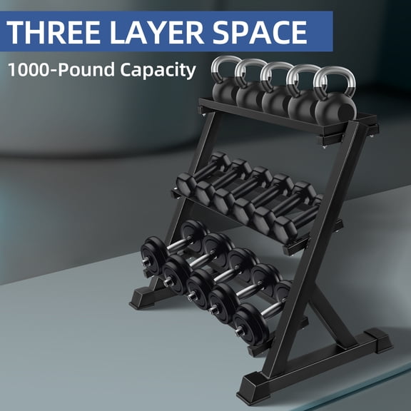 RIGMEC 3 Tier Dumbbell Rack,1000LB Capacity Weight Storage Rack for Home Gym Fitness,Multifunctional Free Weight Organizer Stand for Dumbbells, Kettlebells,Compact Design Save Floor Space