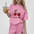 thumbnail image 2 of Crunowin Girls Outfit Sets Lightweight Graphic Short Sleeve Round Neck Top and Elastic Waist Shorts Sport Wear Pink Size 3T, 2 of 6