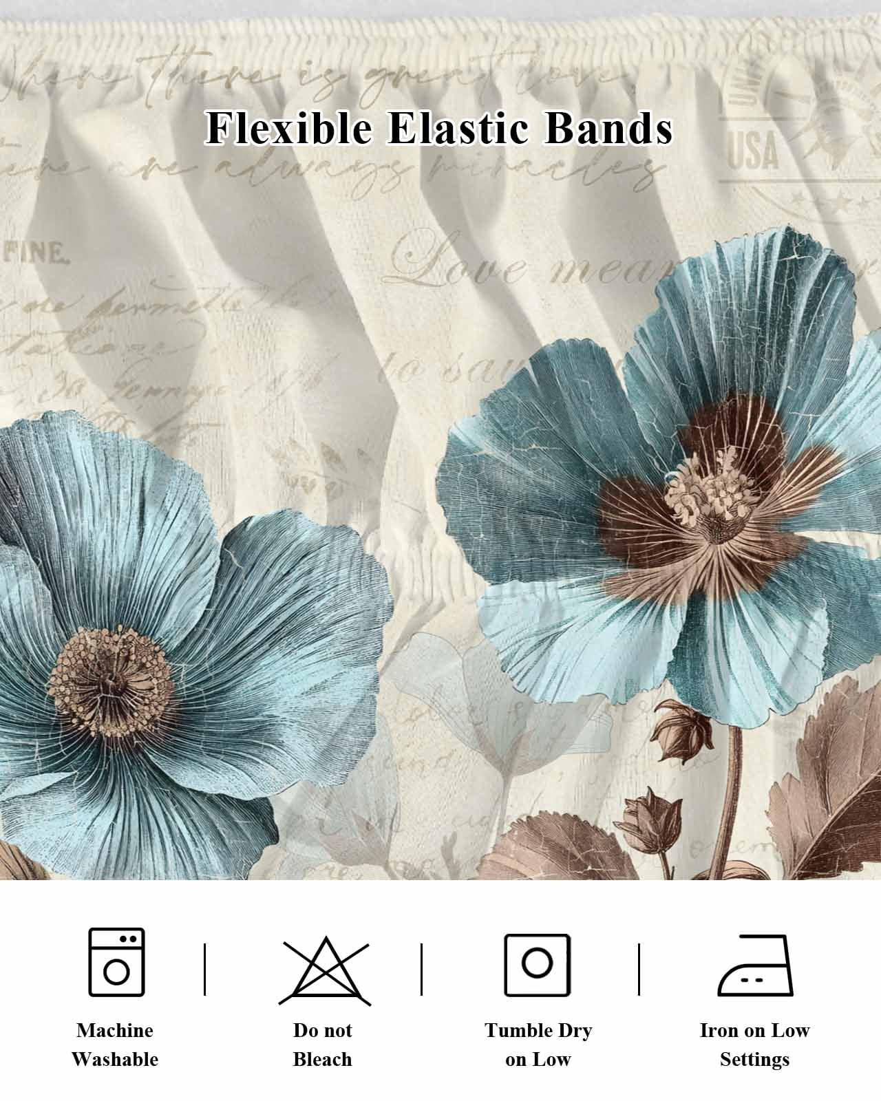 Victorian Style Bed Skirt King Size 18" Drop Blue Retro Poppy Flower Plant Ruffled Wrap Around Bed Skirts Adjustable Elastic Bedskirt Dust Ruffle for King Size Bed