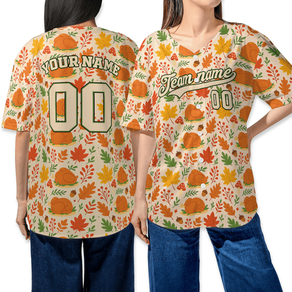 Thanksgiving Baseball Jersey – Custom Name & Number Fall Leaves & Turkey Pattern Jersey Shirt for Men & Women