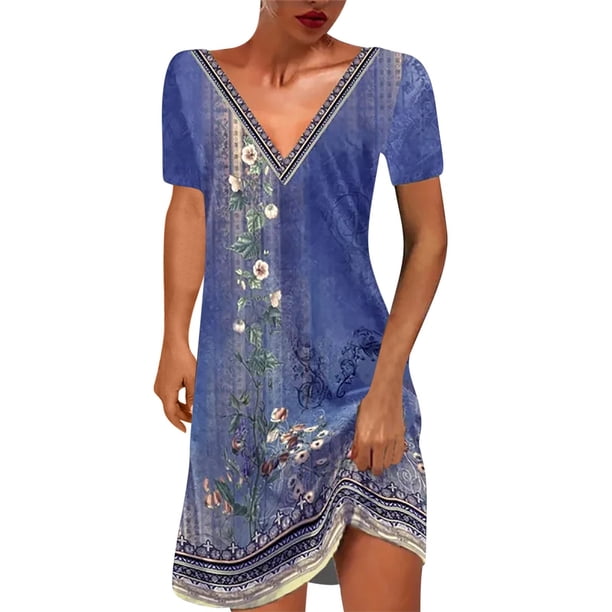 Vestido Corto para Mujeres Moda Cuello en V Manga Corta Impresa Suéter Vestido de Línea a para Ocasional Y Fiesta