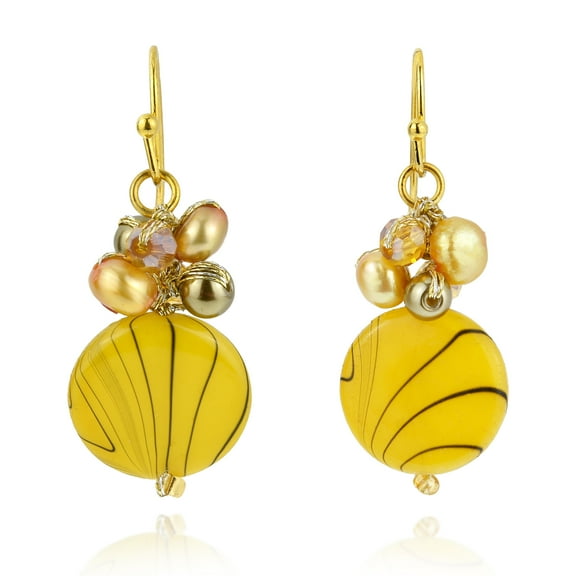 Vibrant Yellow Tones Pearl and Zebra Pattern Seashell Circle Dangle Earrings