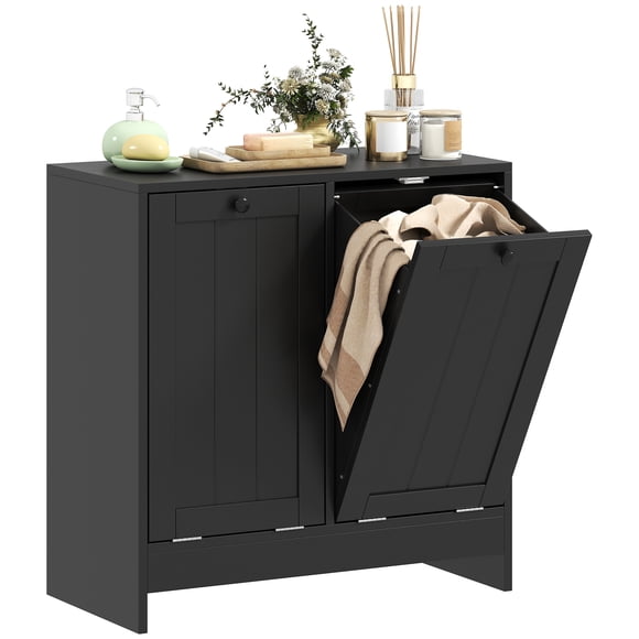 kleankin Armoire de Rangement pour Lessive à Bascule avec Paniers à Linge à 2 Compartiments, Noir