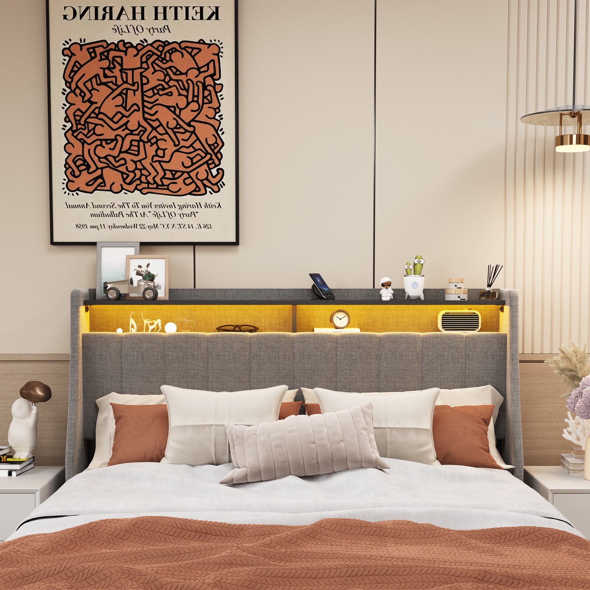 SYNGAR Queen Bed Frame with LED Light and 4 Storage Drawers, Modern Platform Bed Base with Upholstered Headboard, No Box Spring Needed, Easy Assembly
