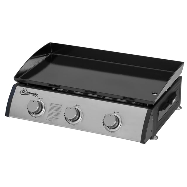 Portable 3-Burner Gas Grill – Silver Tabletop BBQ for Camping & Outdoor Cooking | 24.8" x 18.9" Stainless Steel Patio Grill with Adjustable Feet