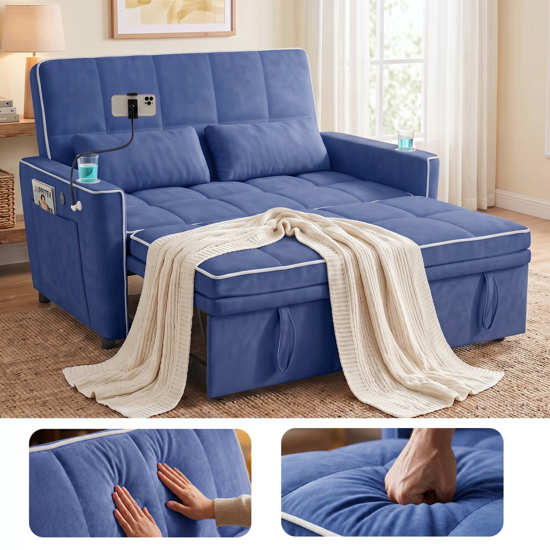 Vinform Sleeper Sofa Bed, 3 in 1 Convertible Loveseat with Phone & Cup Colder for Small Space, Blue