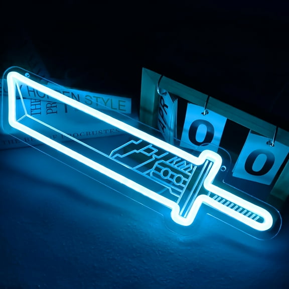 Anime sword & knife neon sign. USB-powered wall light with vibrant blue glow. Perfect for game rooms, man caves, or as a gamer gift.