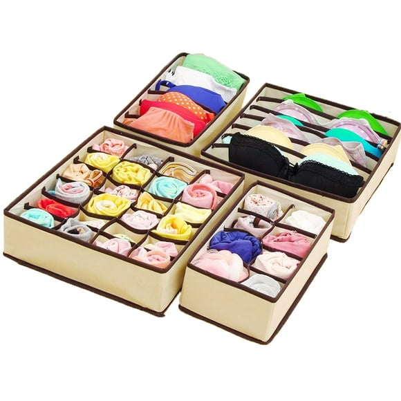 4 Pack Foldable Drawer Organizer Dividers Cloth Storage Box Closet Dresser Organizer Cube Fabric Containers Basket Bins for Underwear Bras Socks Panties Lingeries Nursery Baby Clothes